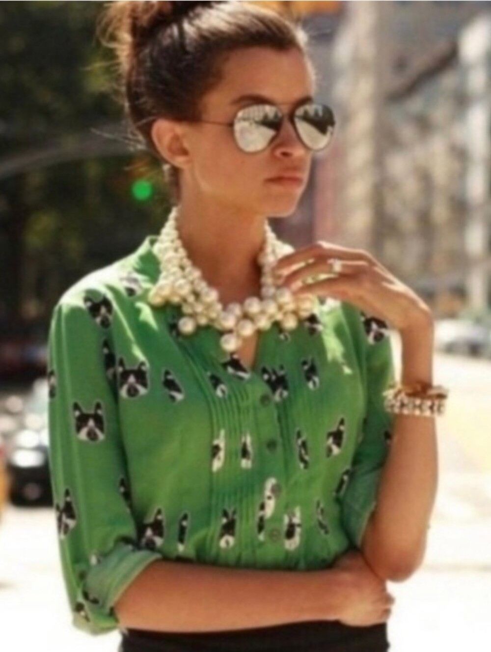 Anthropologie Maeve Green Boston Terrier Print Peasant Button Down Top